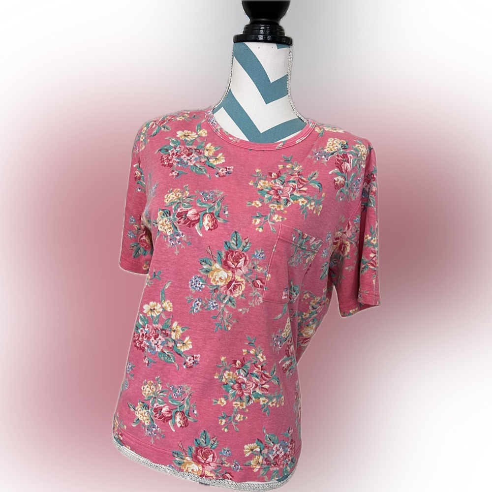 Vintage Jaclyn Sport Pink Flower Print Tee with Shoulder Pads size Medium